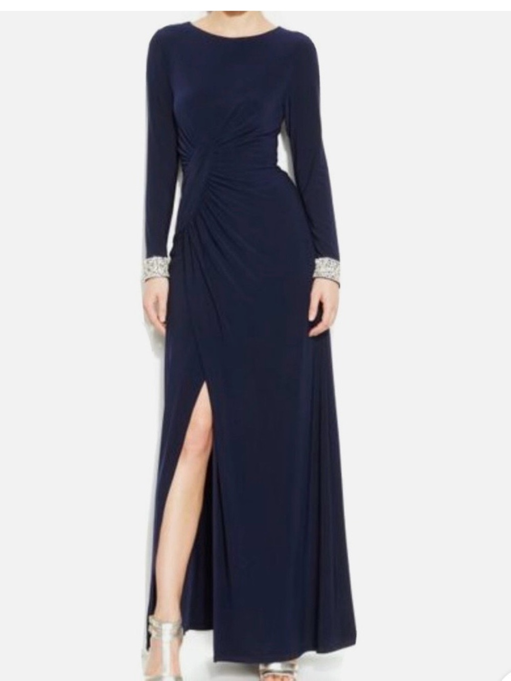 Vince Camuto Navy Long-Sleeve Evening Gown with Embellished Cuffs